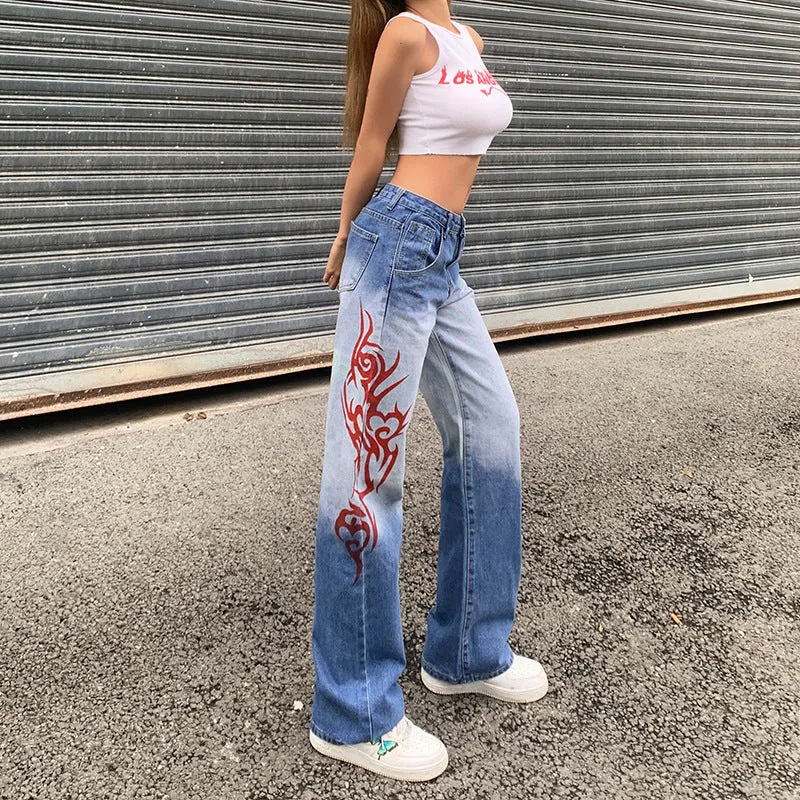 RED FLAME PRINT GRADIENT JEANS UB2588