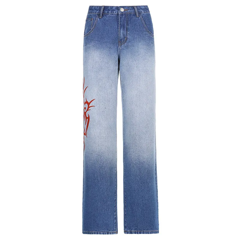 RED FLAME PRINT GRADIENT JEANS UB2588