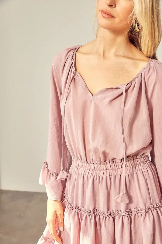 RENEE WOVEN PEASANT MINI DRESS WITH ELASTICIZED WAIST