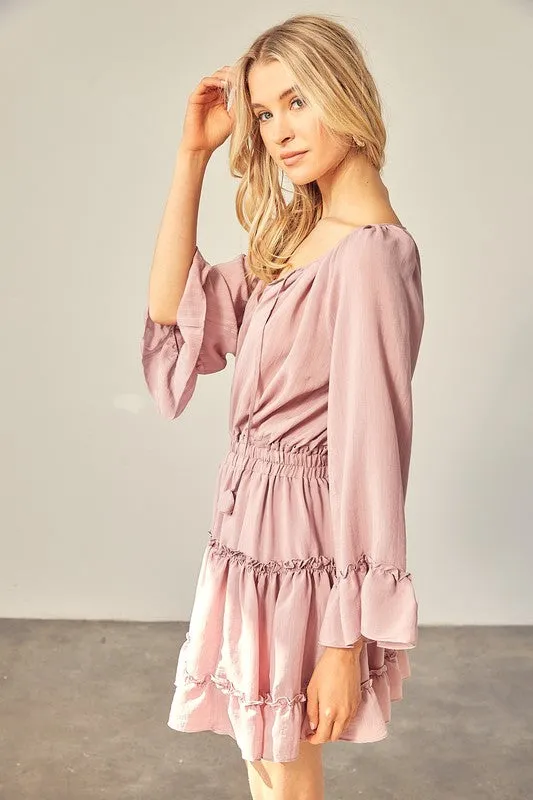 RENEE WOVEN PEASANT MINI DRESS WITH ELASTICIZED WAIST