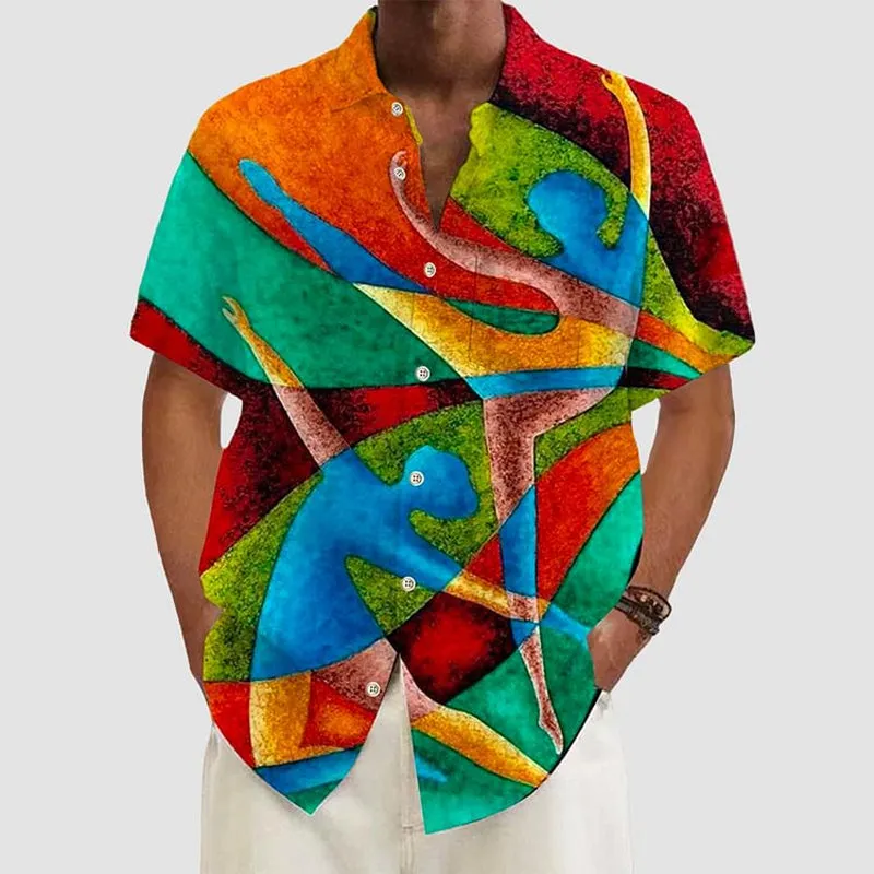 Retro Abstract Art 3D Print Men's Button Short Sleeve Shirt