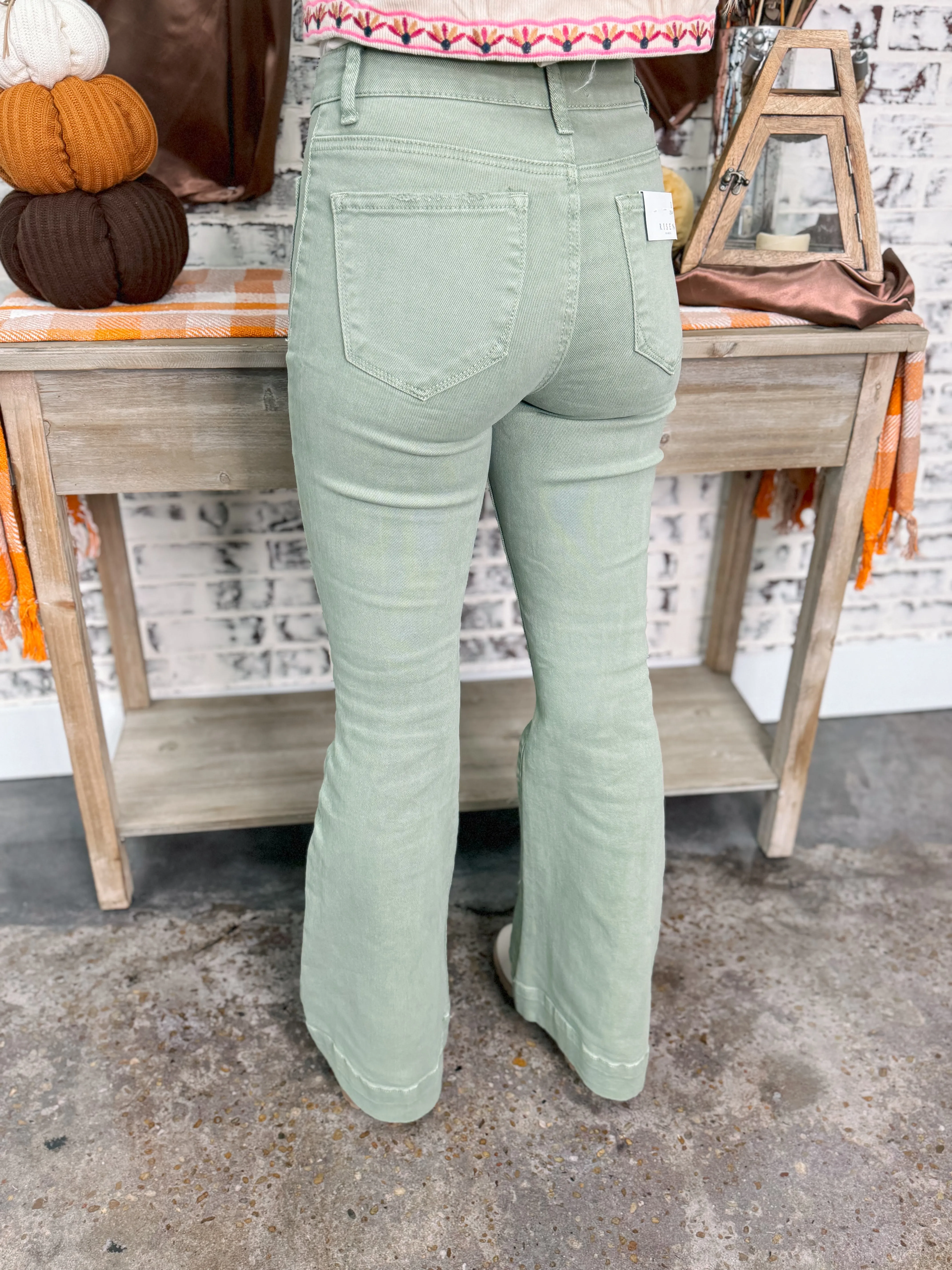 Risen- High Rise-Flare Patch Pocket Pants "Olive"