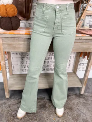 Risen- High Rise-Flare Patch Pocket Pants "Olive"