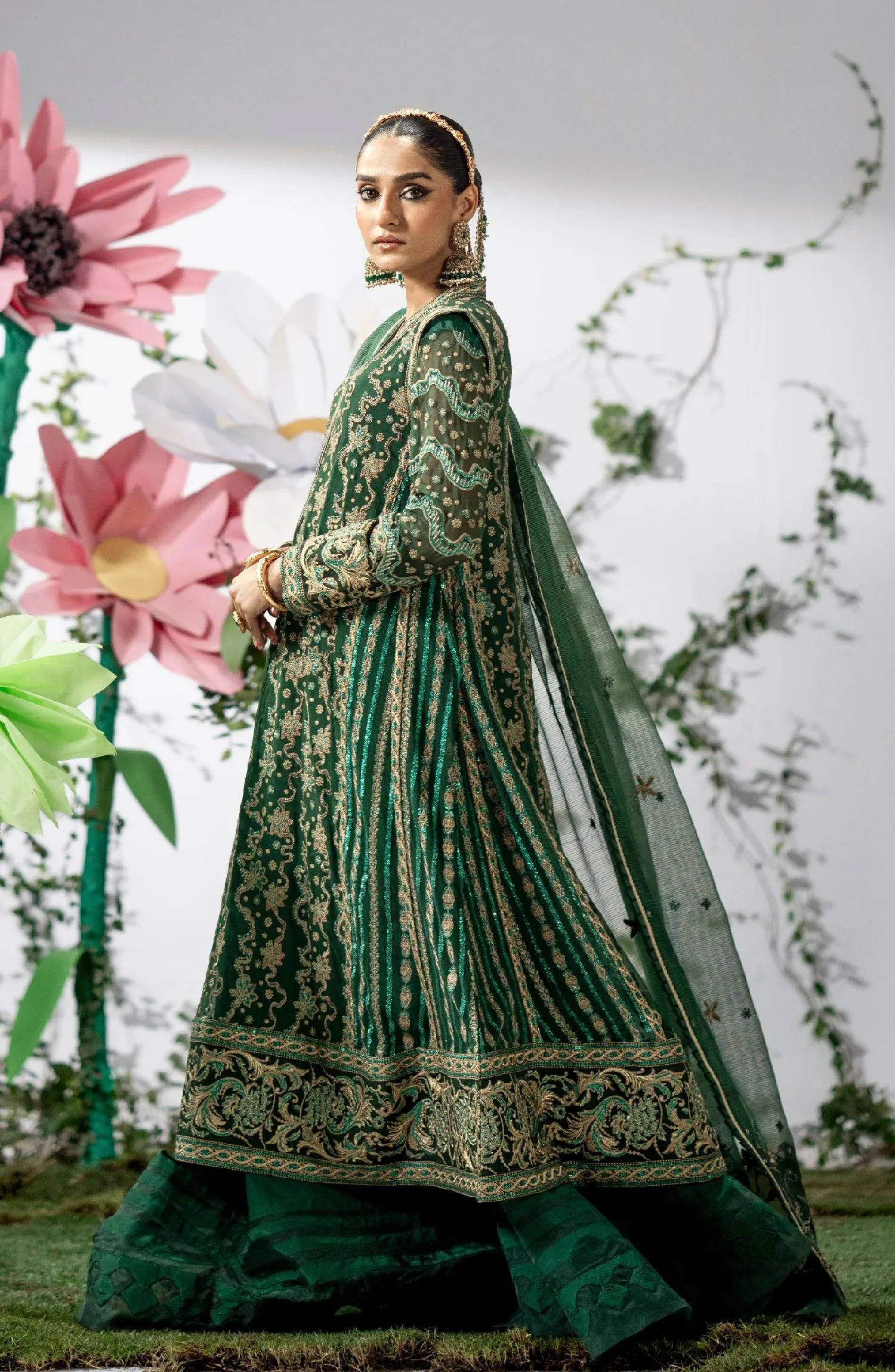 Royal Bottle Green Embroidered Pakistani Wedding Dress Kameez Sharara