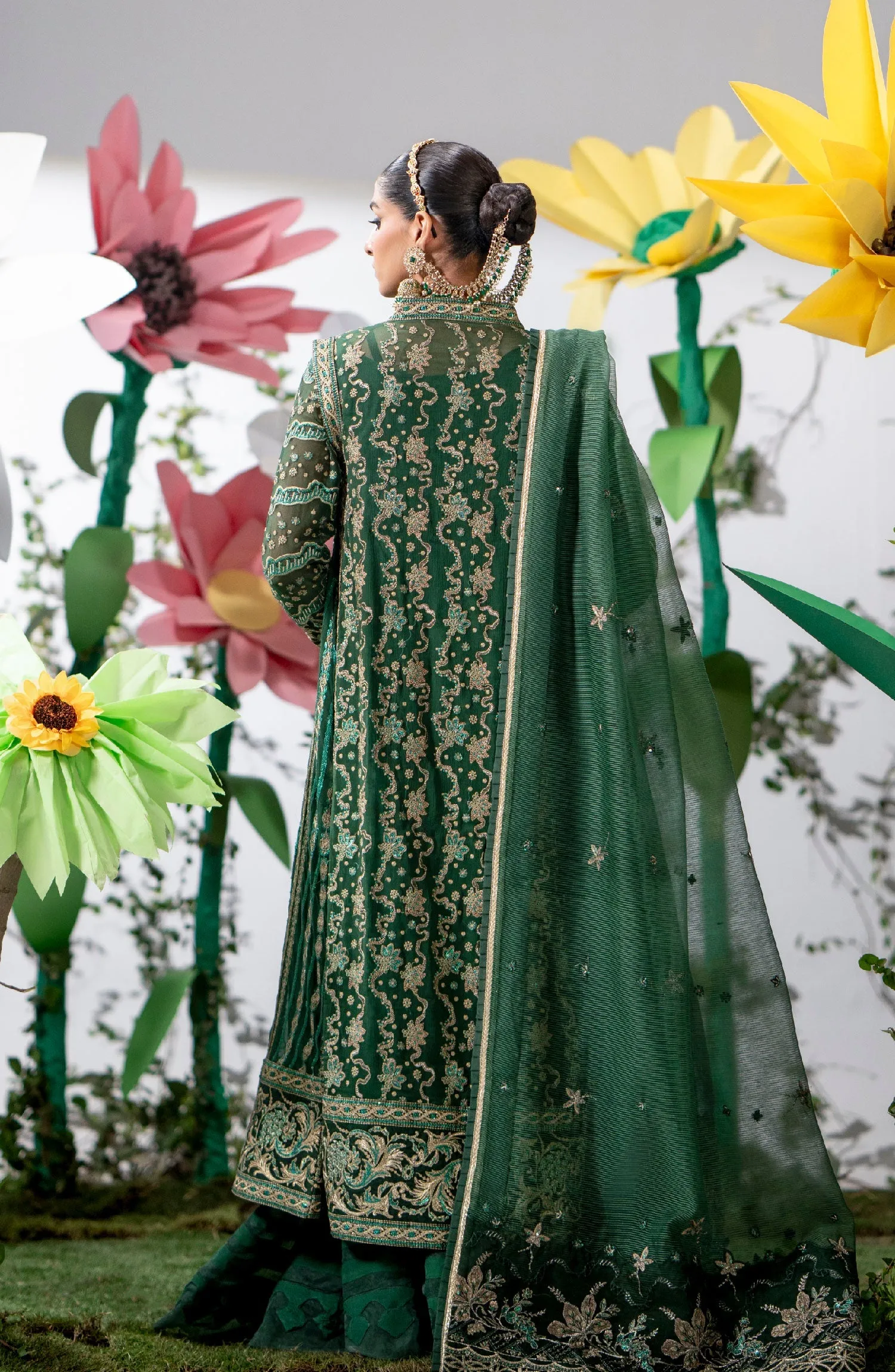 Royal Bottle Green Embroidered Pakistani Wedding Dress Kameez Sharara
