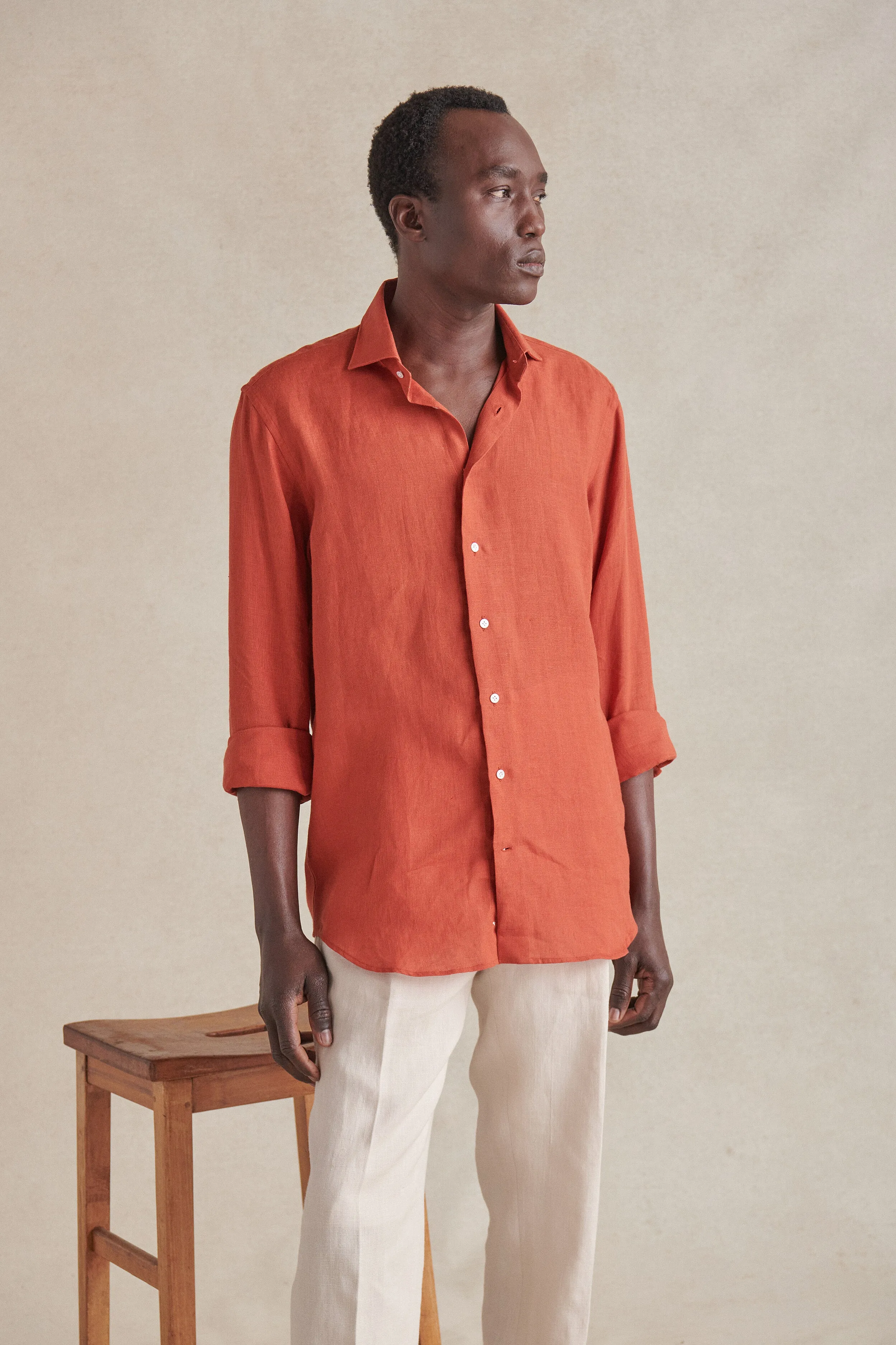Rust Cutaway Collar Standard Fit Linen Shirt