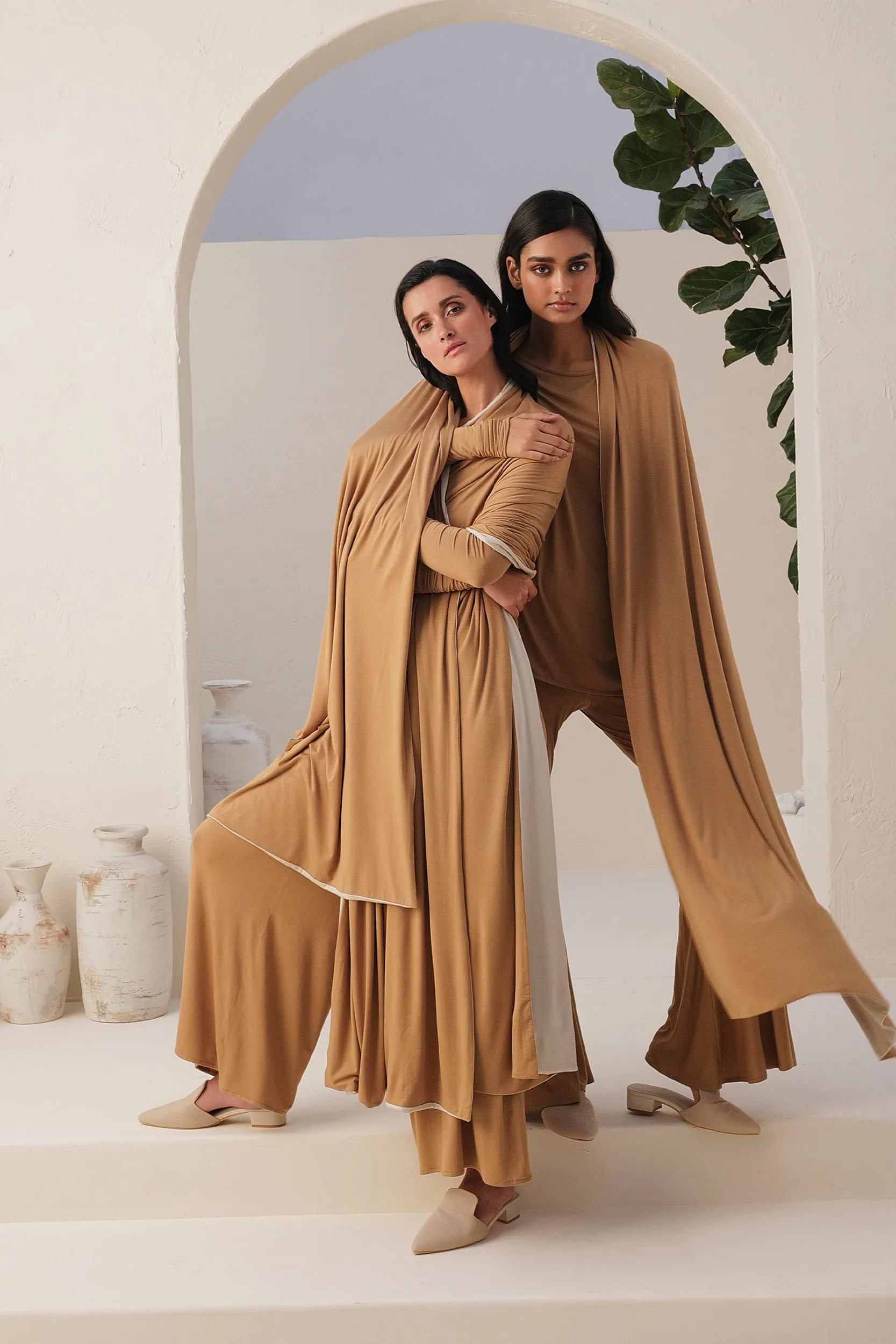 Sand Skin T-shirt, Flared Pants (Sand) & Sand Skin Reversible Shawl (Natural & Sand)