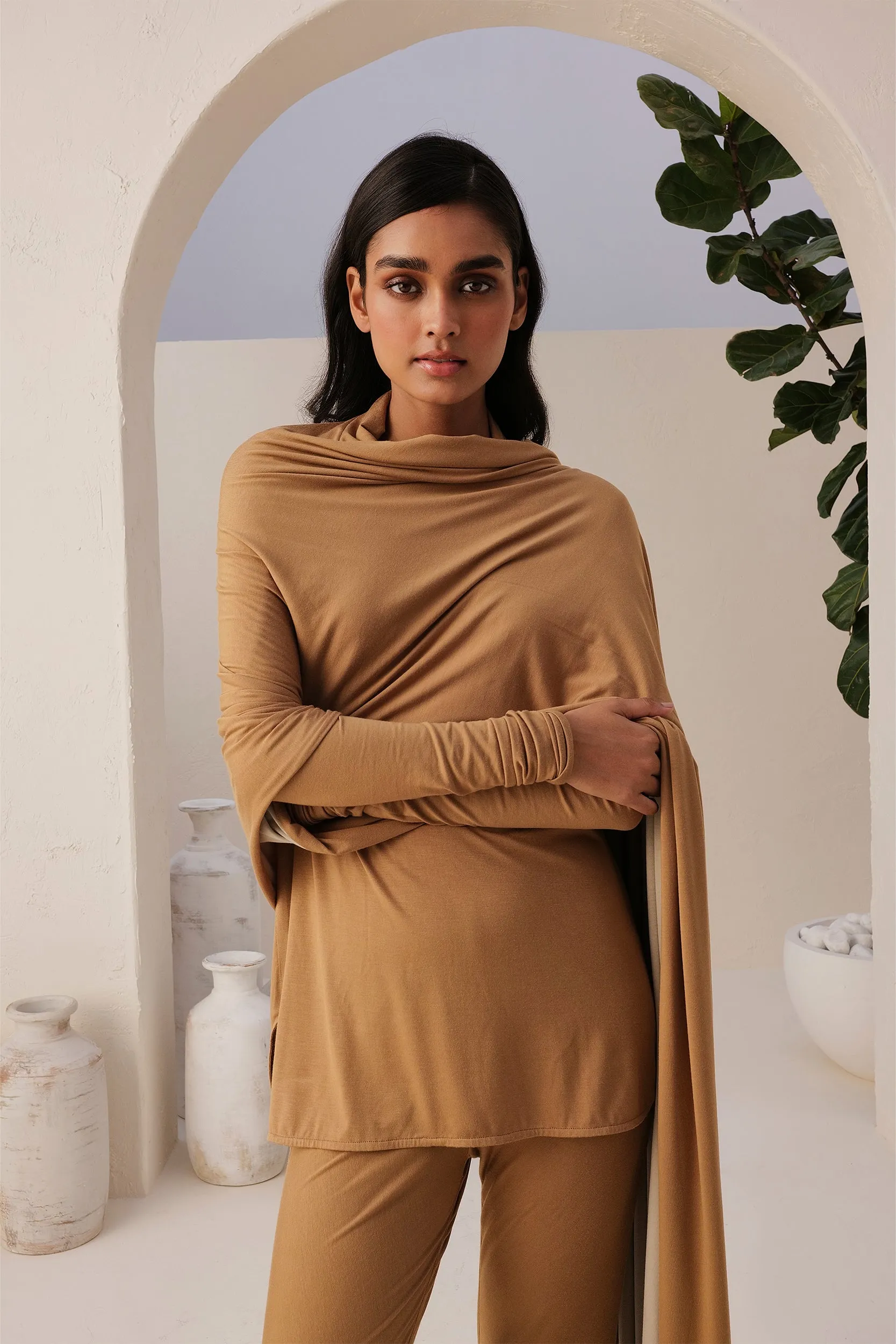 Sand Skin T-shirt, Flared Pants (Sand) & Sand Skin Reversible Shawl (Natural & Sand)
