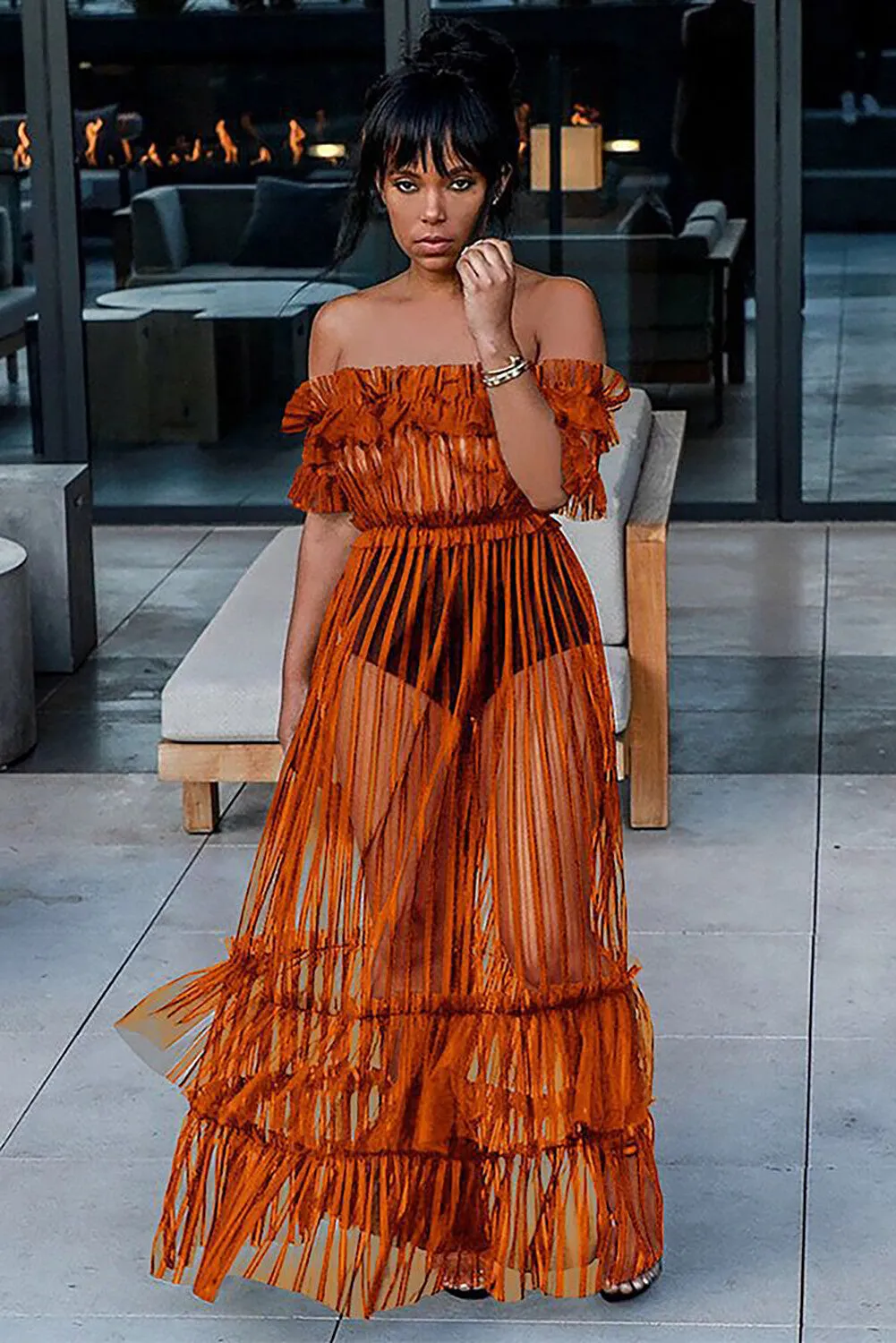 See Through Striped Mesh Frilled Off Shoulder A-Line Maxi Dresses-Orange