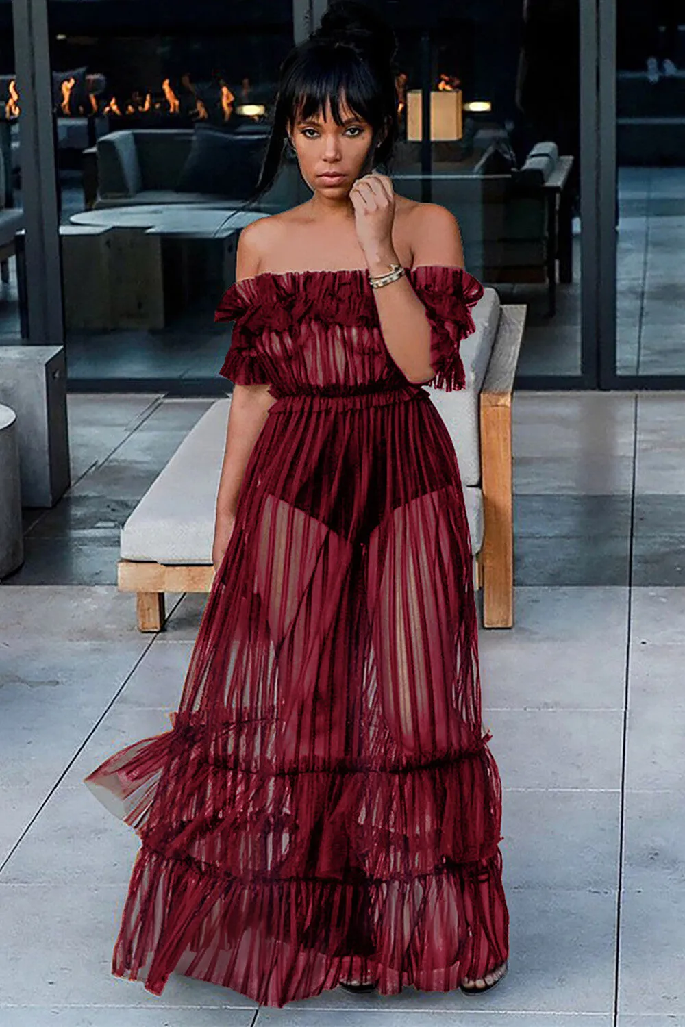See Through Striped Mesh Frilled Off Shoulder A-Line Maxi Dresses-Orange