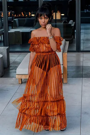 See Through Striped Mesh Frilled Off Shoulder A-Line Maxi Dresses-Orange