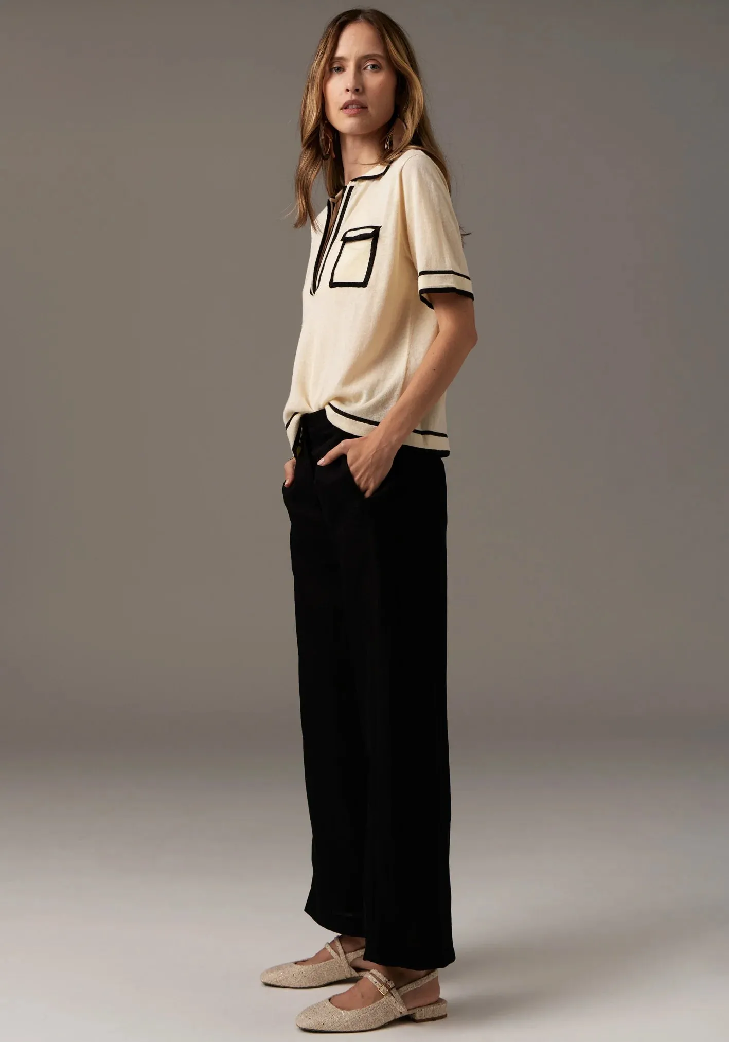 Sela Knit Polo - Ivory/Black