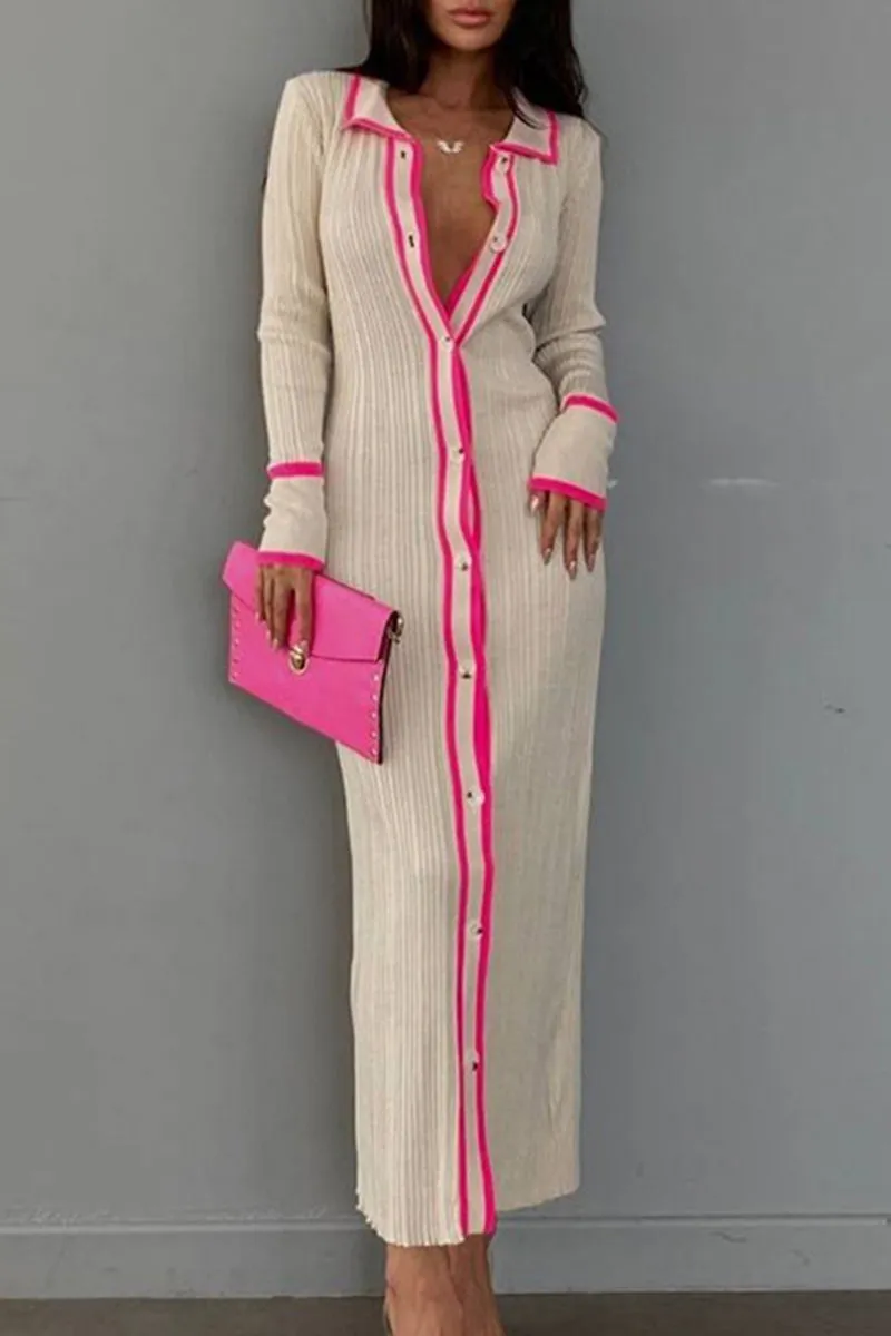 Sexy Casual Striped Contrast Turndown Collar Long Sleeve Dresses