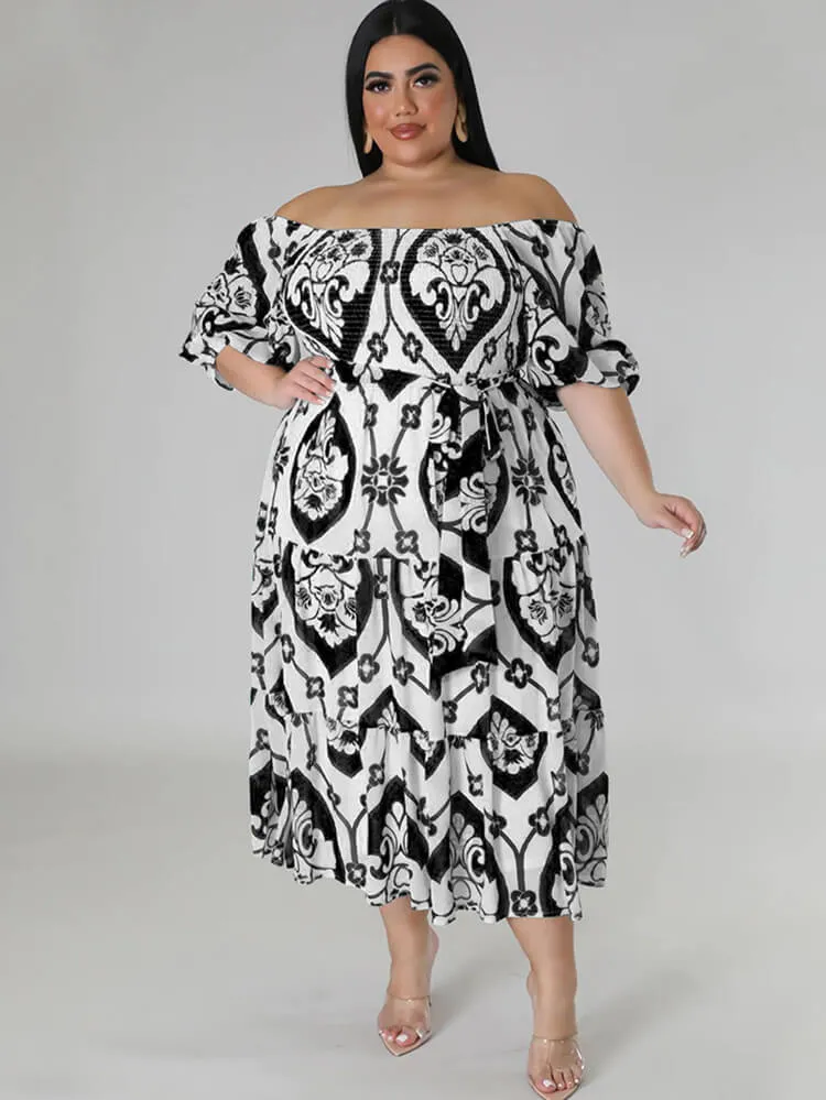 Short Sleeve Off Shoulder Floral Midi Dress