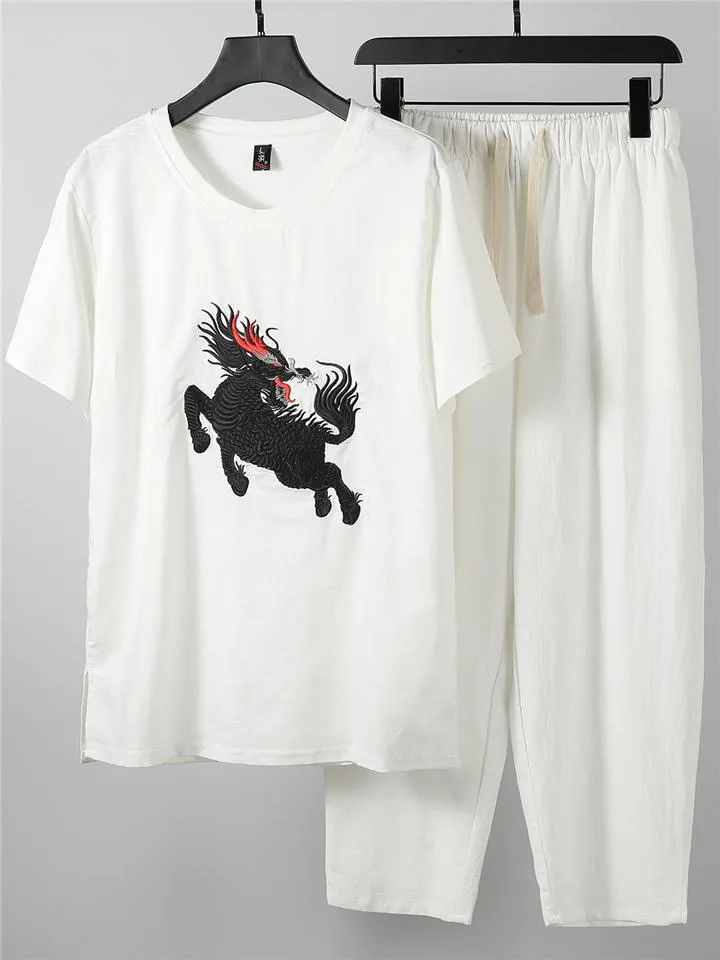 Simple Design Two-Piece Outfit Round Neck T-Shirts   Drawstring Pants