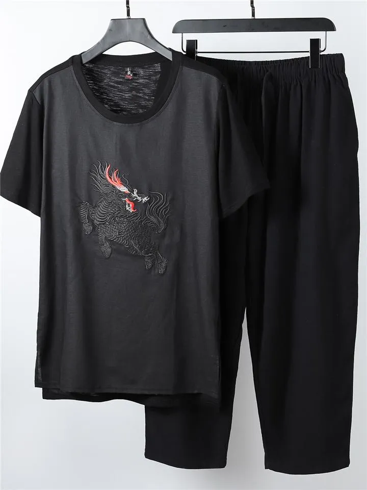 Simple Design Two-Piece Outfit Round Neck T-Shirts   Drawstring Pants