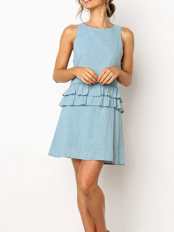 Solid Color Round Neck Sleeveless Halter Strap Ruffled Dress