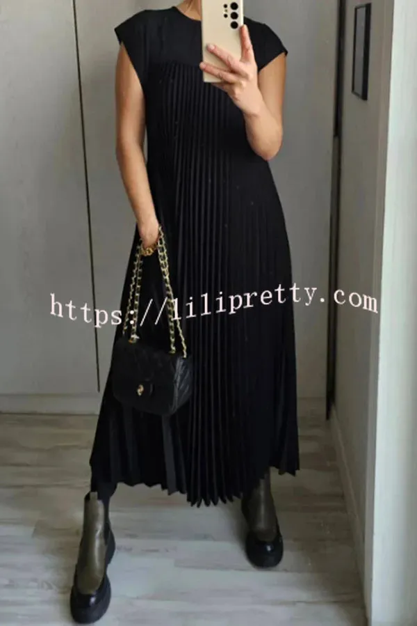 Solid Color Round Neck Sleeveless Pleated Large Hem Maxi Dress