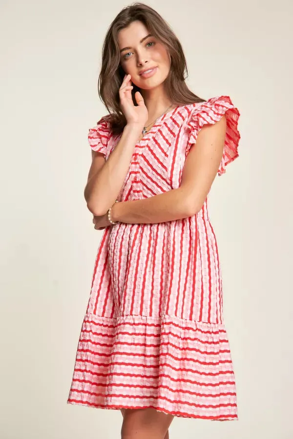 SOLID GEO STRIPED FLUTTER SHORT SLEEVE MINI DRESS