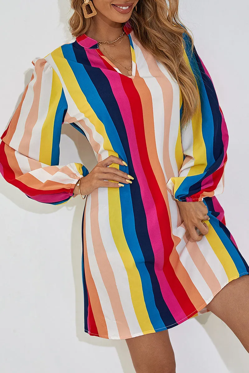 Street Striped Patchwork V Neck A Line Dresses