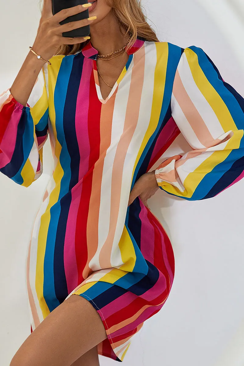 Street Striped Patchwork V Neck A Line Dresses