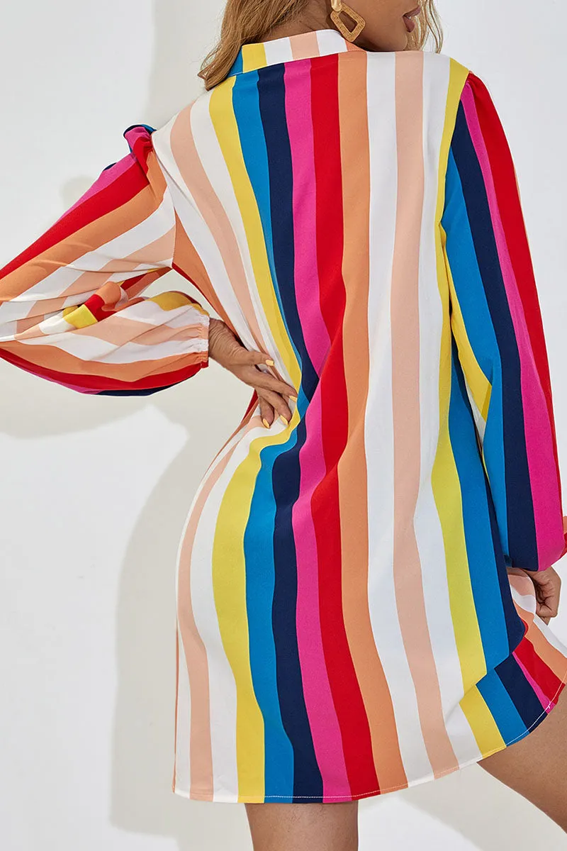 Street Striped Patchwork V Neck A Line Dresses