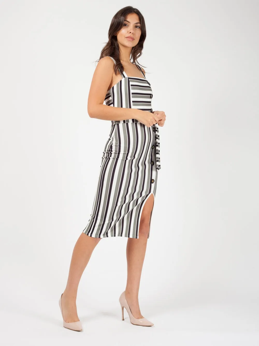 Striped Button Detail Belted Midi Dress