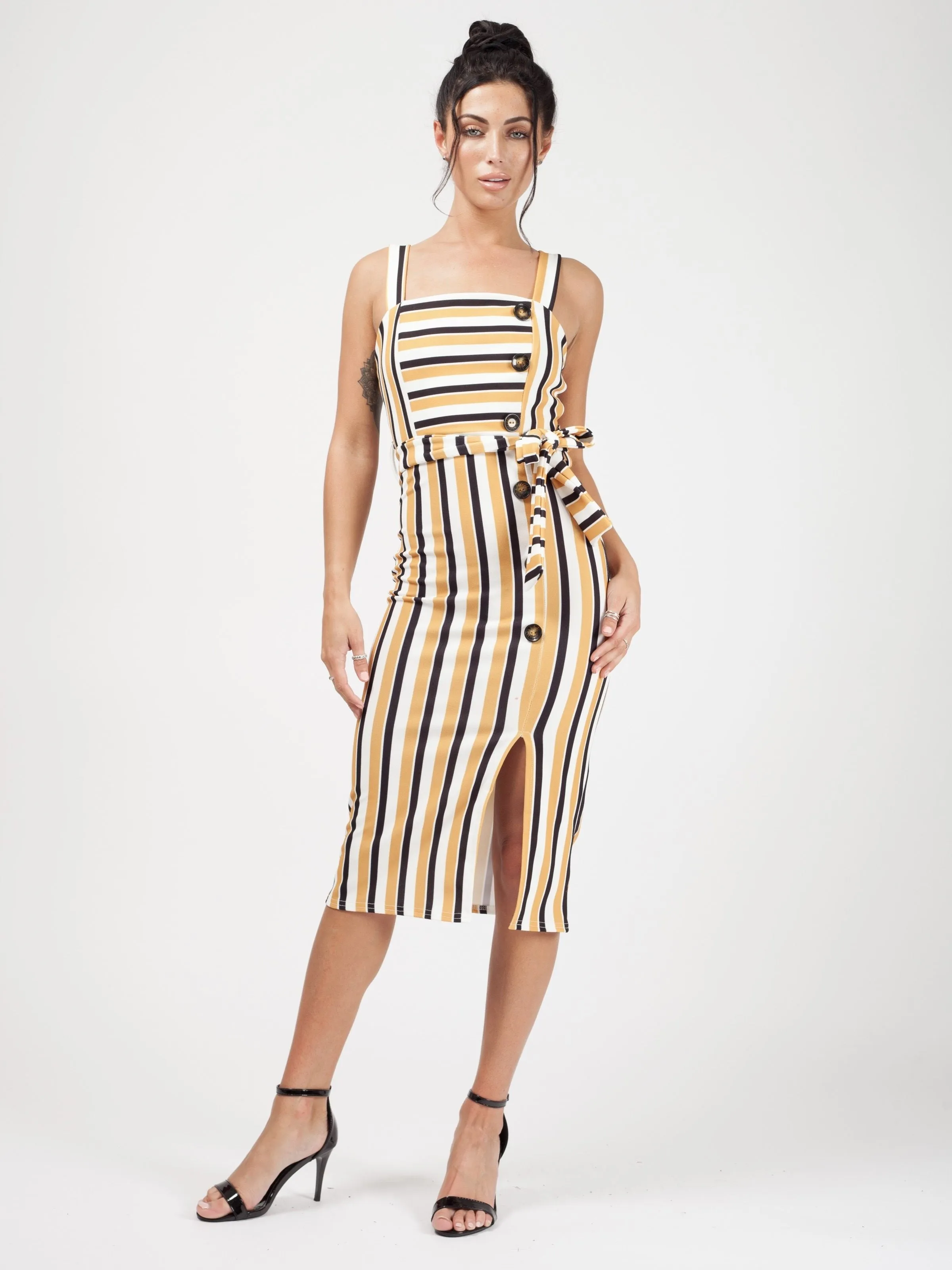 Striped Button Detail Belted Midi Dress