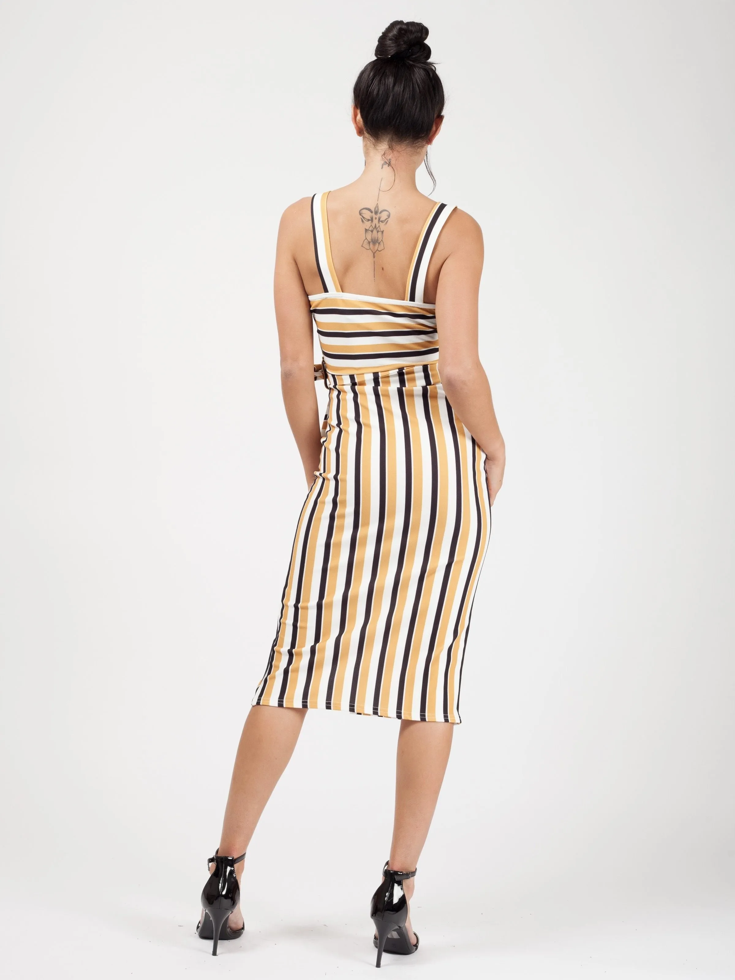 Striped Button Detail Belted Midi Dress