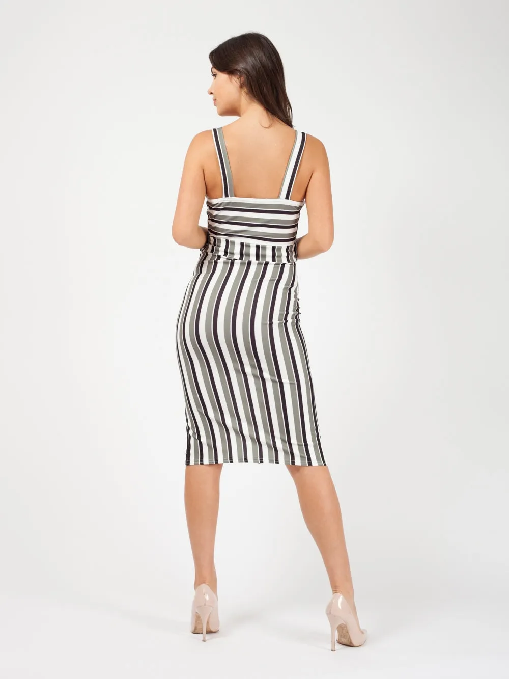 Striped Button Detail Belted Midi Dress