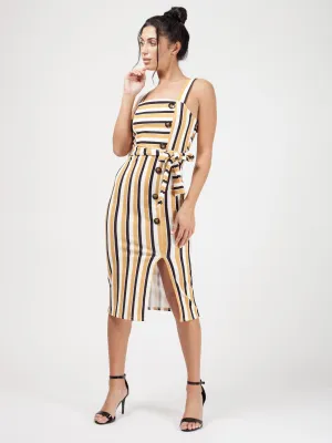 Striped Button Detail Belted Midi Dress