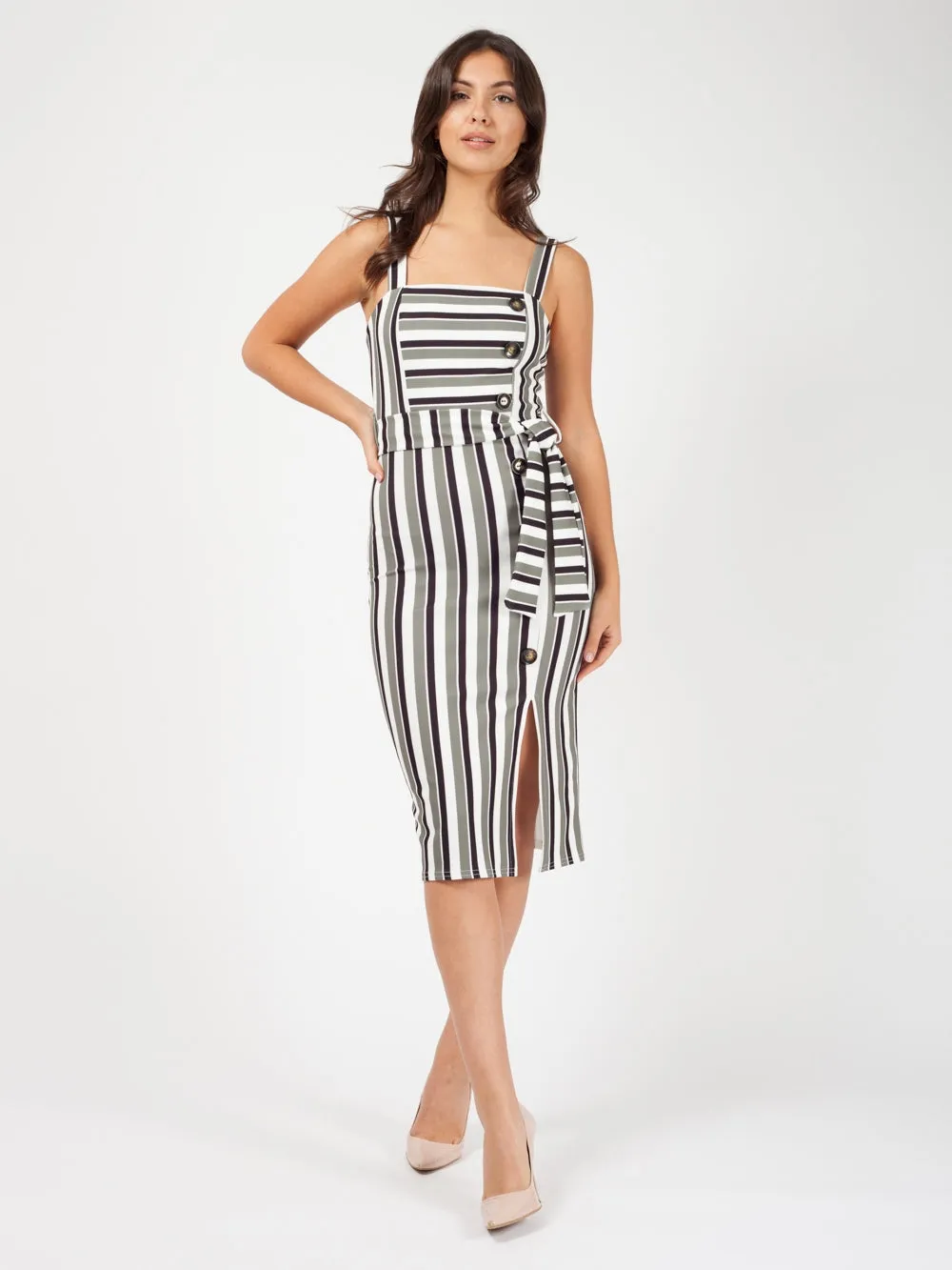 Striped Button Detail Belted Midi Dress