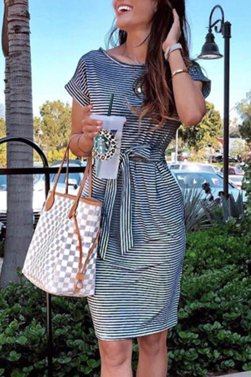 Striped Knot Design Grey Midi Dress