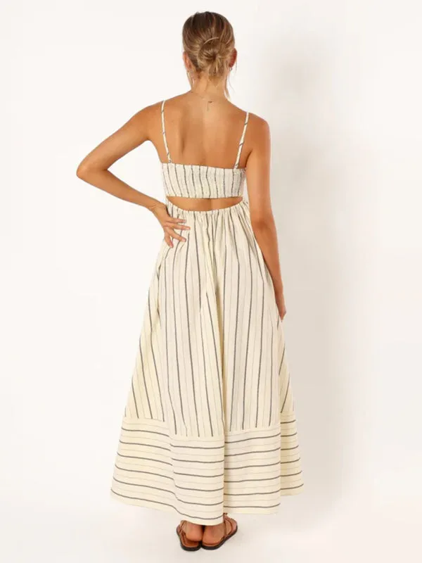 Striped Maxi Dress with Sleeveless Backless Design