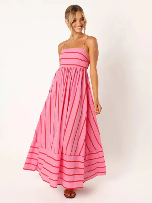 Striped Maxi Dress with Sleeveless Backless Design