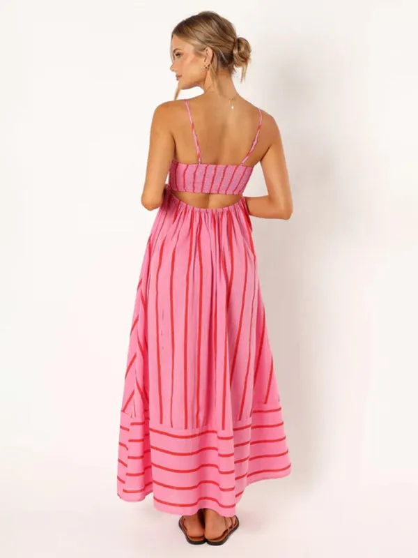 Striped Maxi Dress with Sleeveless Backless Design