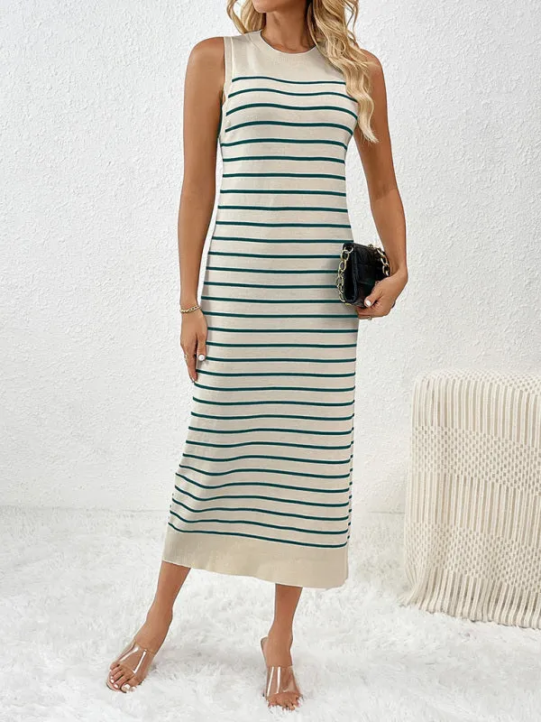 Striped Sleeveless Pullover Dress with Fitted Knit Design