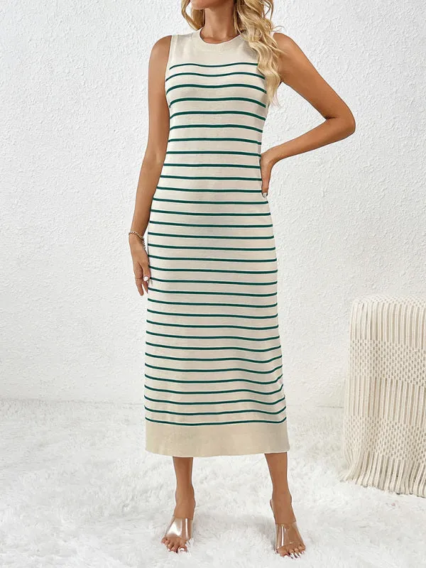 Striped Sleeveless Pullover Dress with Fitted Knit Design