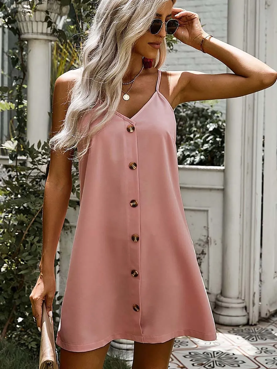 Stunncal V-Neck Single-Breasted Sleeveless Dress(7 colors)