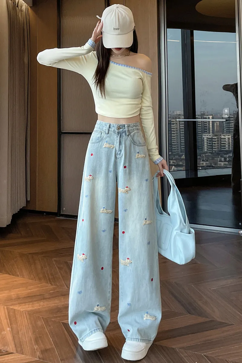 Stylish Embroidered Straight Leg Jeans for Women with a Unique Touch