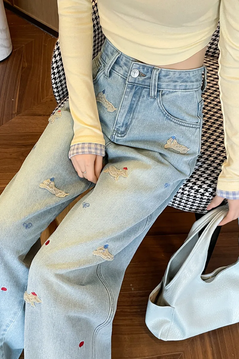 Stylish Embroidered Straight Leg Jeans for Women with a Unique Touch