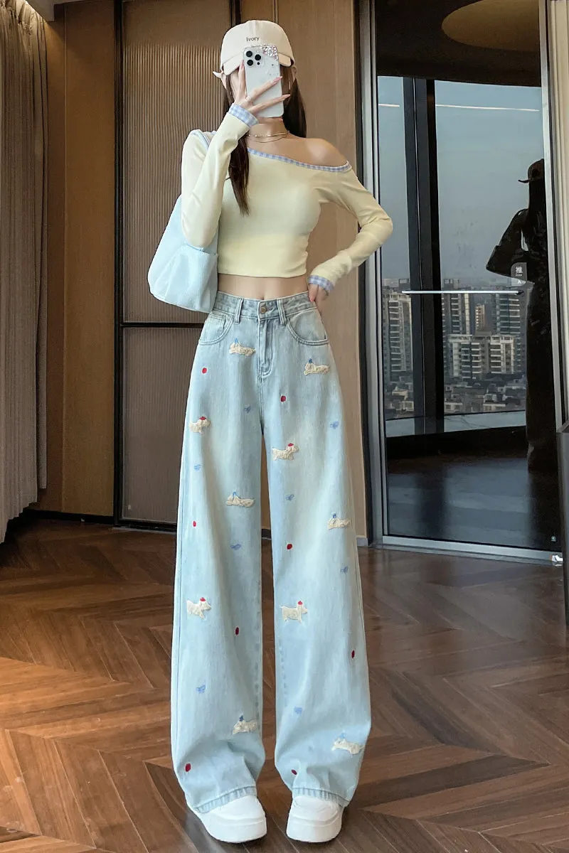 Stylish Embroidered Straight Leg Jeans for Women with a Unique Touch