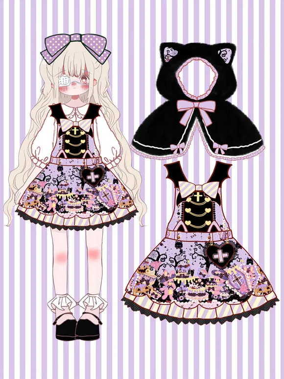 Sweet Lolita JSK Dress Polyester Sleeveless Lace Up Ruffles Black Sweet Lolita Jumper Skirt