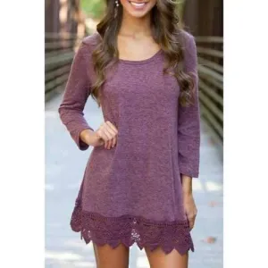 Sweet Round Neck 3/4 Sleeve Lace Hem Women's Purple Dress - Purple S