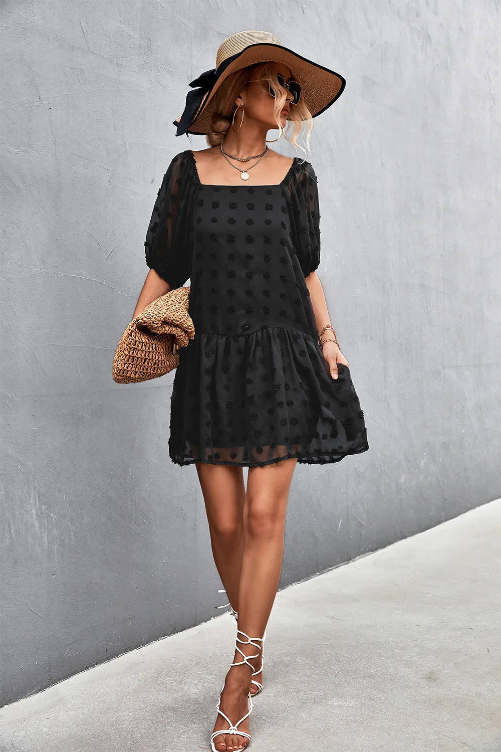 Swiss Dot Square Neck Half Balloon Sleeve Dress (3 Colors)