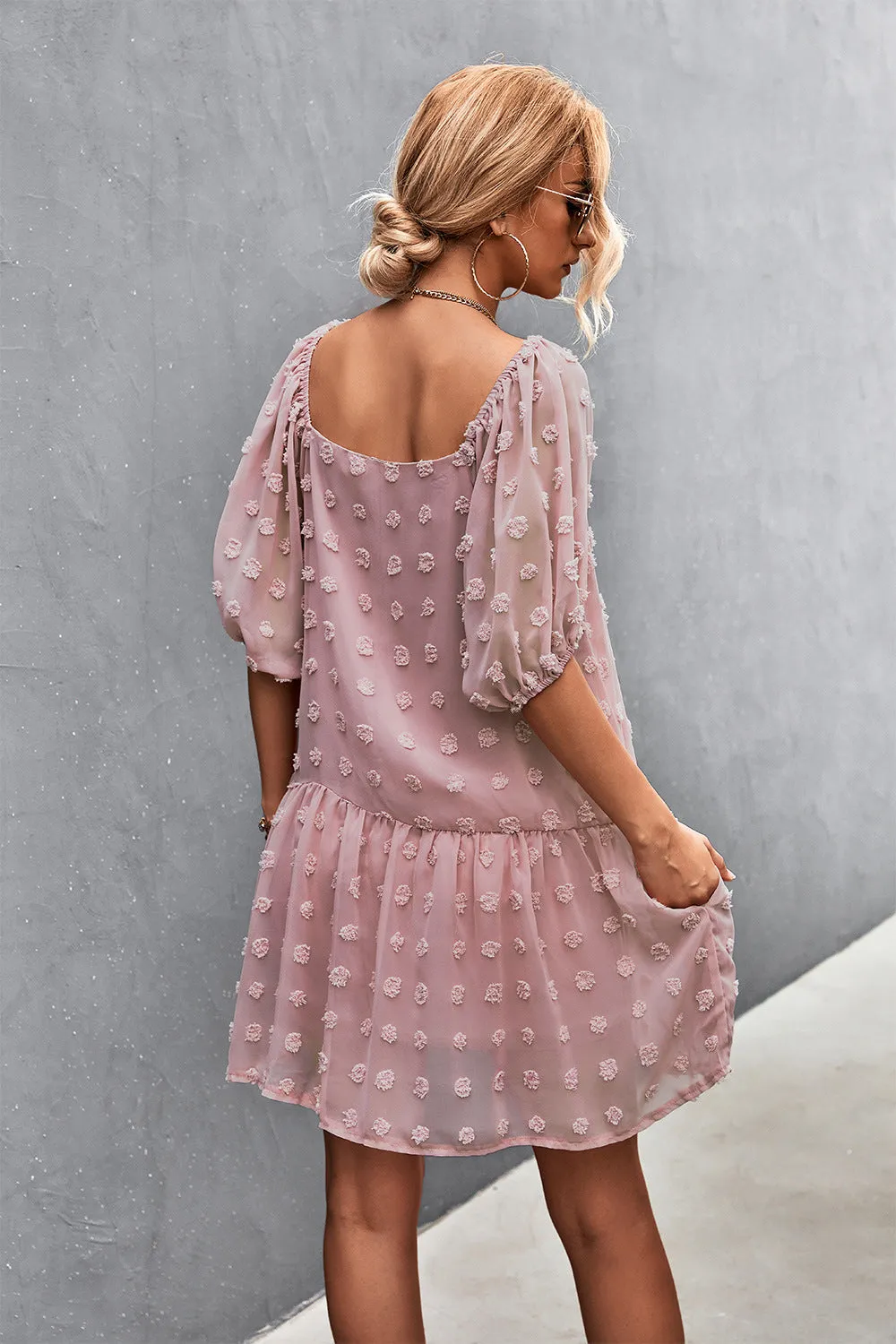 Swiss Dot Square Neck Half Balloon Sleeve Dress (3 Colors)