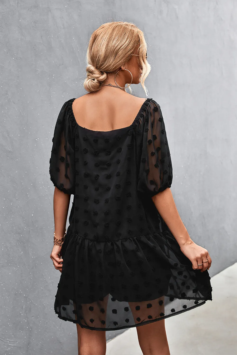 Swiss Dot Square Neck Half Balloon Sleeve Dress (3 Colors)