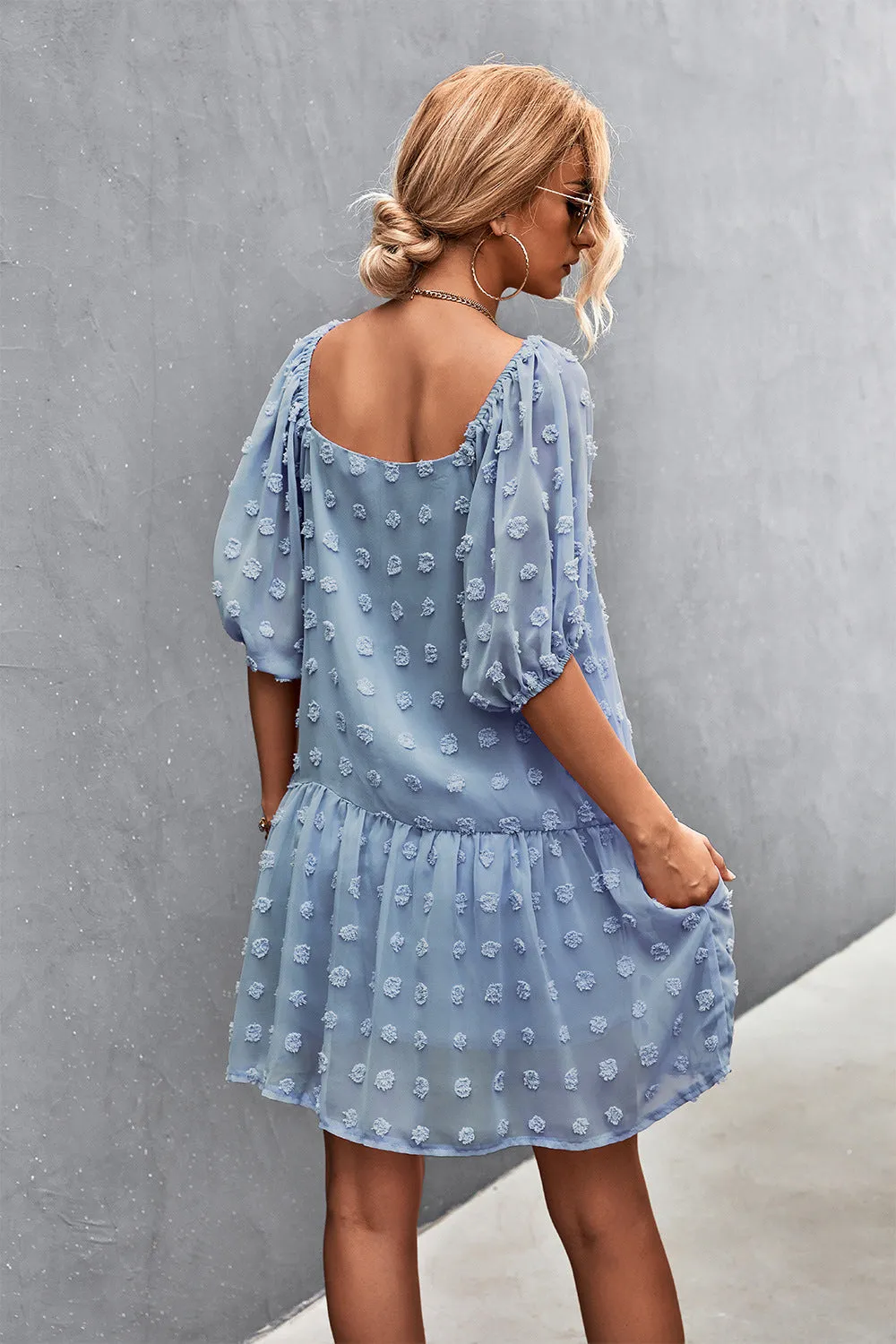 Swiss Dot Square Neck Half Balloon Sleeve Dress (3 Colors)