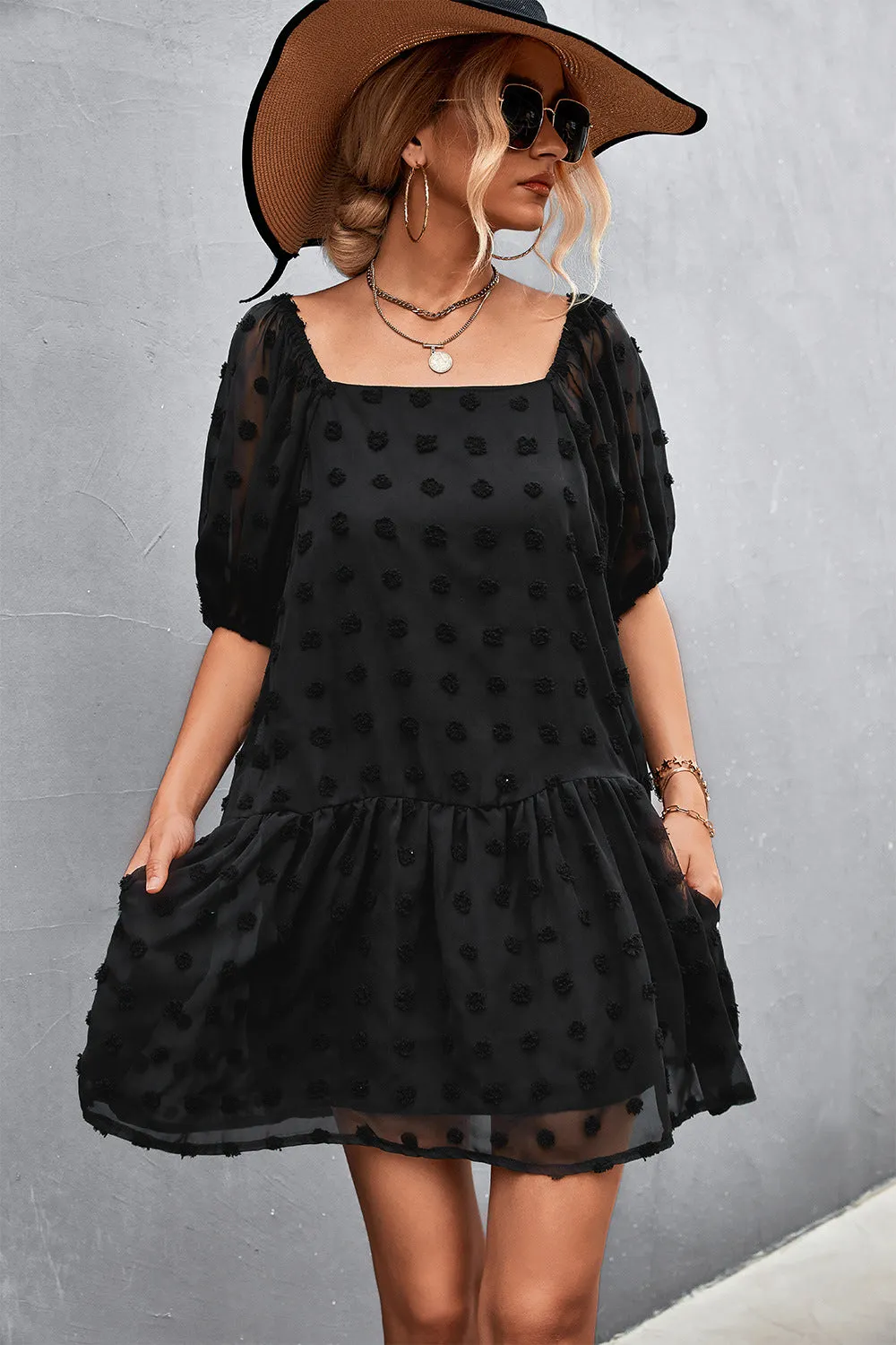 Swiss Dot Square Neck Half Balloon Sleeve Dress (3 Colors)