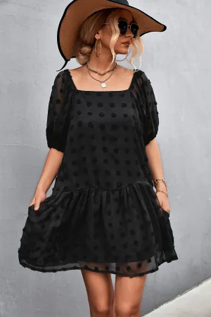 Swiss Dot Square Neck Half Balloon Sleeve Dress (3 Colors)